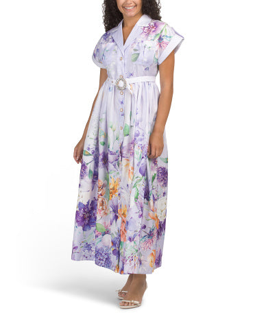 DALIA MACPHEE Puff Sleeve Cascading Floral Maxi Geyim Kəmərli