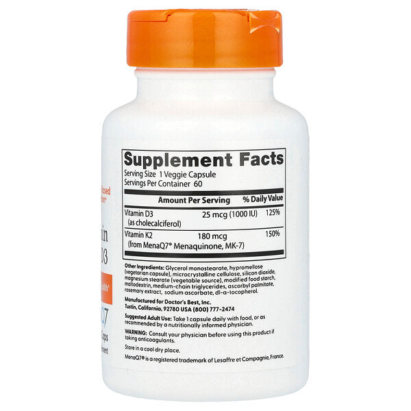Doctor's Best Natural Vitamin K2 MK-7 Plus D3 180 Mcg 60 Veggie Caps