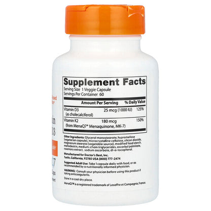 Doctor's Best Natural Vitamin K2 MK-7 Plus D3 180 Mcg 60 Veggie Caps