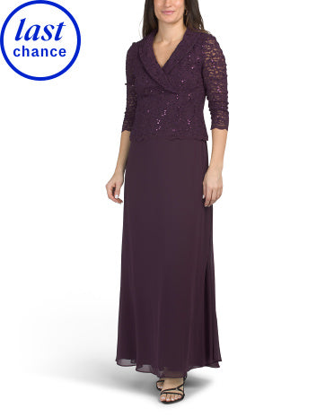 ALEX EVENINGS Stretch Lace Portrait Collar Gown