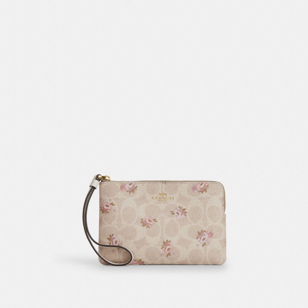 Coach Corner Zip Wristlet Signature Canvas Çiçəkli Naxışlı Bilərzik Çantası