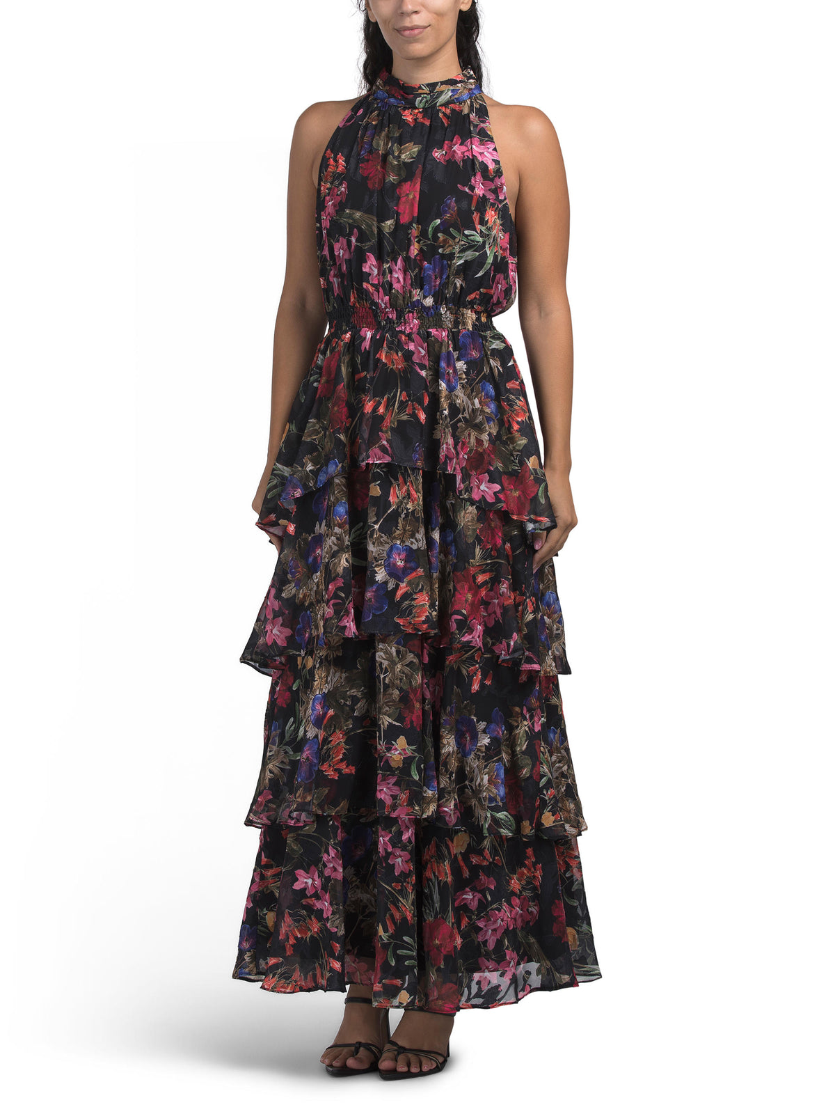 LIVIA JOLIE Burnout Chiffon Tiered Halter Maxi Dress