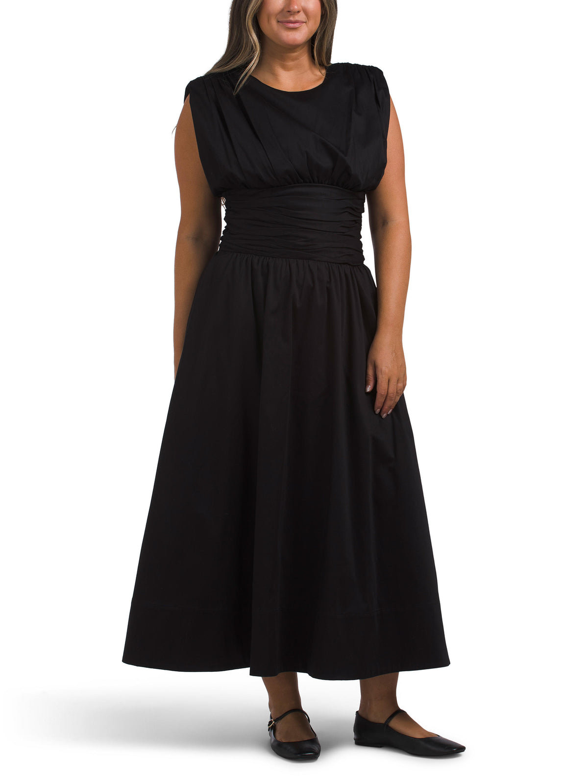 TOCCIN Evangeline Strong Shoulder Ruched Midi Dress Qadın Geyimi