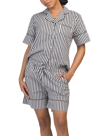 DENISE RAE Pambıq Poplin Zee Zee Çizgili Üst və Şort Pijama Dəsti
