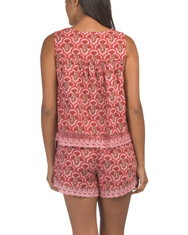 CAMBRIDGE &amp; COTTON 2-Parçalı Jaipur Lotus Pamuk Pijama Üstü və Şortu Dəsti Dantel Kənarı ilə
