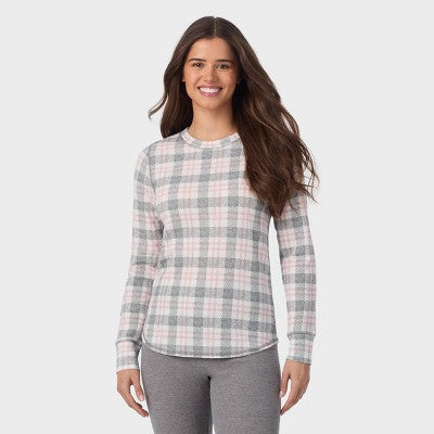 Warm Essentials by Cuddl Duds Qadın Vafli Uzun Qol Crewneck Bluzka - Çəhrayı Kareli S