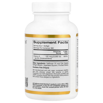 California Gold Nutrition Vitamin D3 125 Mcg 5000 IU 360 Balıq Jelatin Kapsulu