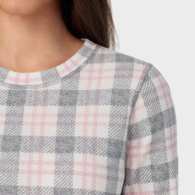 Warm Essentials by Cuddl Duds Qadın Vafli Uzun Qol Crewneck Bluzka - Çəhrayı Kareli S