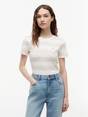 Tommy Hilfiger Rugby Zolaqli Crewneck Köynəyi, Bej Heather Zolaqli