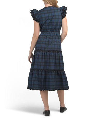 SAIL TO SABLE Blackwatch Flutter Sleeve Midi Dress With Keyhole Front