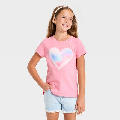 Cat & Jack Qız Qısa Tərəvəz 'Airbrush Heart' Qrafik T-Shirt Çəhrayı XXL Plus