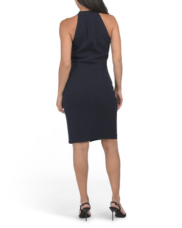 BETSY &amp; ADAM Petite Halter Neck Midi Dress With Velvet Strip