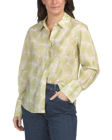 REBECCA TAYLOR Silk Mini Astera Fleur Uzun Kollü Düymə Ön Köynək