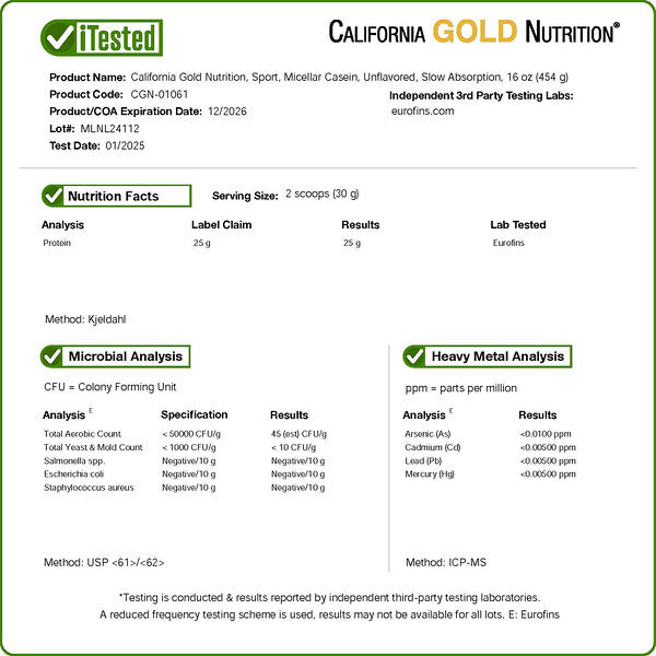 California Gold Nutrition Sport Miselyar Kazein Aromasız Yavaş Absorbsiya 454 G