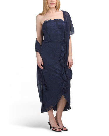 OLEG CASSINI Strapless Stretch Dantel Maxi Geyim Kəmərli