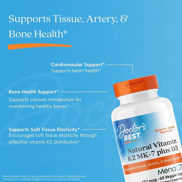 Doctor's Best Natural Vitamin K2 MK-7 Plus D3 180 Mcg 60 Veggie Caps