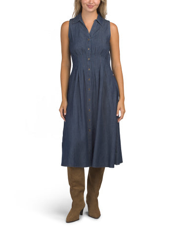 Yaqa Detaylı Pintuq Chambray Midi Geyim