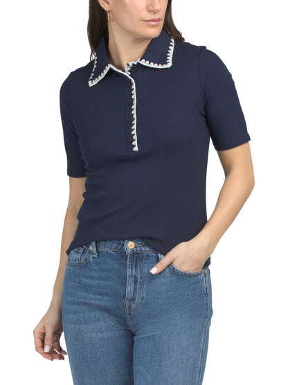 CYRUS Pick Stitch Collar Elbow Sleeve Top