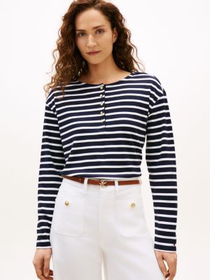 Tommy Hilfiger Rahat Oturuşlu Pamuk İnterlock Henley, Tünd Mavi / Ağ Zolaqli