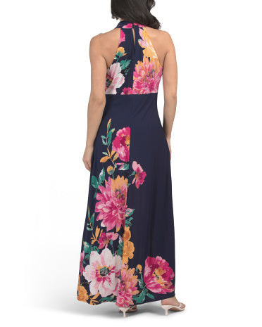 LONDON TIMES Halter V-neck Maxi Geyim Placement Print ilə