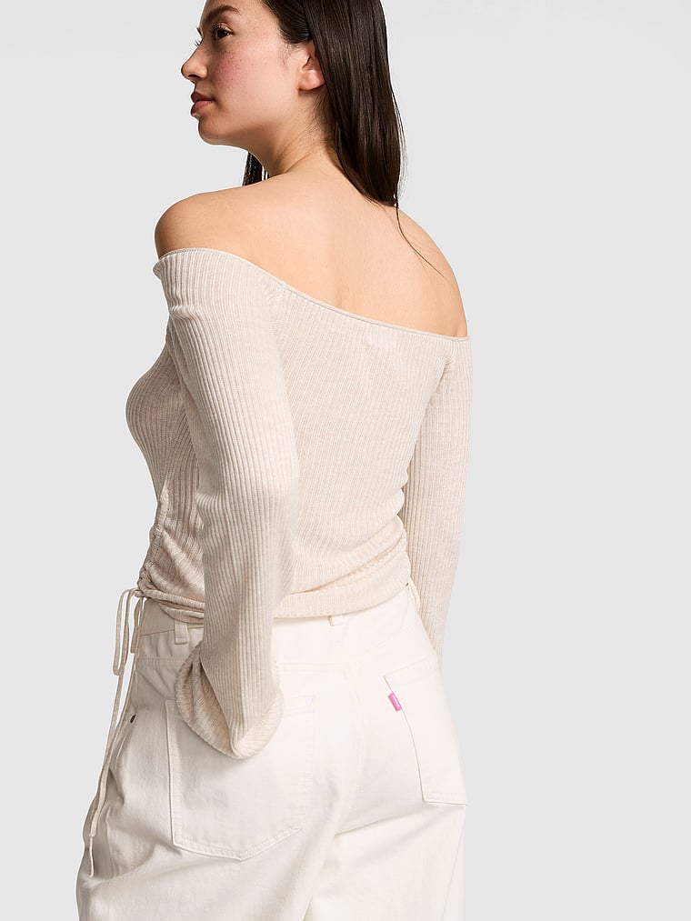 PINK Side-Ruched Oﬀ-The-Shoulder Sweater