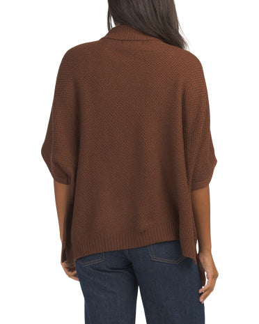 TAHARI Merino Yün Mock Neck Dartılı Ponço Toxunma Toxunuşlu Örgü ilə