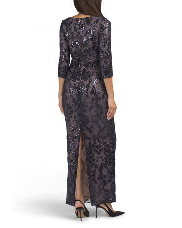 ADRIANNA PAPELL Elbow Sleeve Sequin Embellished Gown