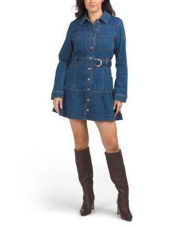 HOUSE OF HARLOW 1960 Uzun Qollu Denim Düyməli Mini Geyim Öz-Bağlayan Kəmərlə