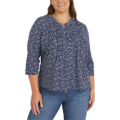Lands' End Qadın Pintuck 3/4 Qol Köynəyi, Tünd Mavi, Small