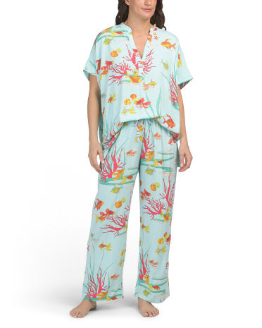 N NATORI Oceans Embrace Çap Edilmiş Mandarin Yaxası Bluzka və Şalvar Pijama Dəsti