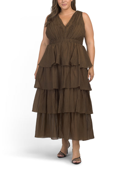 ENDLESS ROSE Plus Crinkled Deep V-neck Tiered Maxi Dress