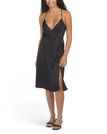 MONTEAU Wrap Satin Slit Midi Dress