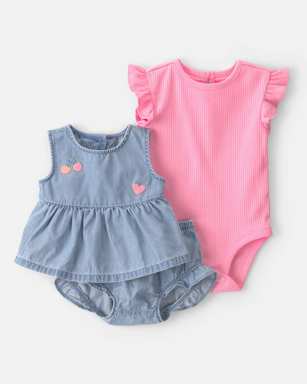 Carter's Qız Uşaq 3 Parçalı Gilas Chambray Kolsuz Bluzka, Bodysuit və Şort Dəsti - Çəhrayı/Mavi
