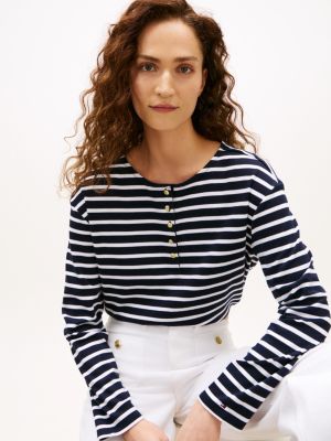 Tommy Hilfiger Rahat Oturuşlu Pamuk İnterlock Henley, Tünd Mavi / Ağ Zolaqli
