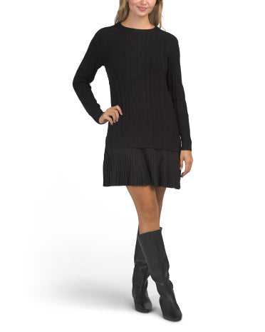 LONDON TIMES Cable Knit Twofer Mini Geyim Pleated Hem