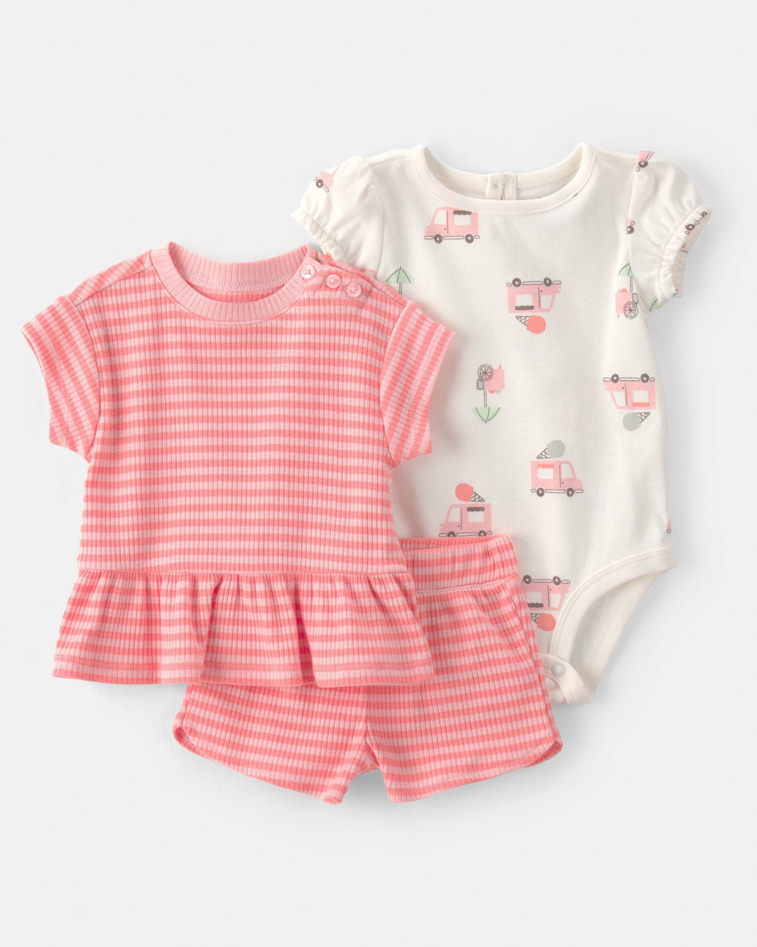 Carter's Qız Uşaq 3 Parçalı Buz Kremi Maşını Qısa Kollu Top, Body və Şort Dəsti - Çəhrayı/Fil Dişi