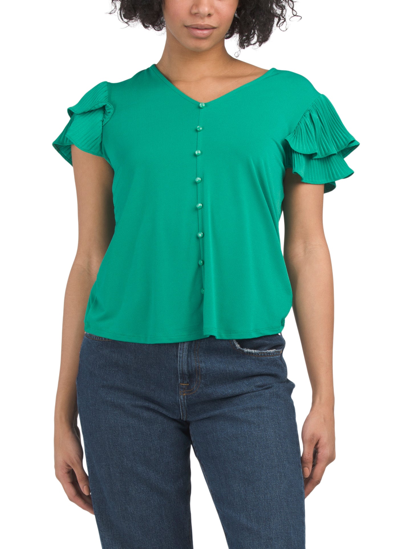 ADRIANNA PAPELL Solid Double Pleated Flutter Sleeve Knit Crepe Bluzka