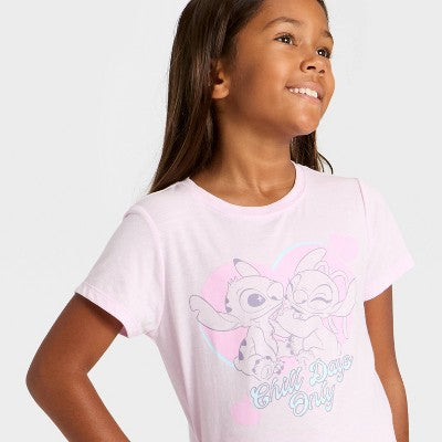 Disney Qız Stitch and Angel 'Chill Days Only' Qısa Kollu Qrafik Köynək - Açıq Çəhrayı M