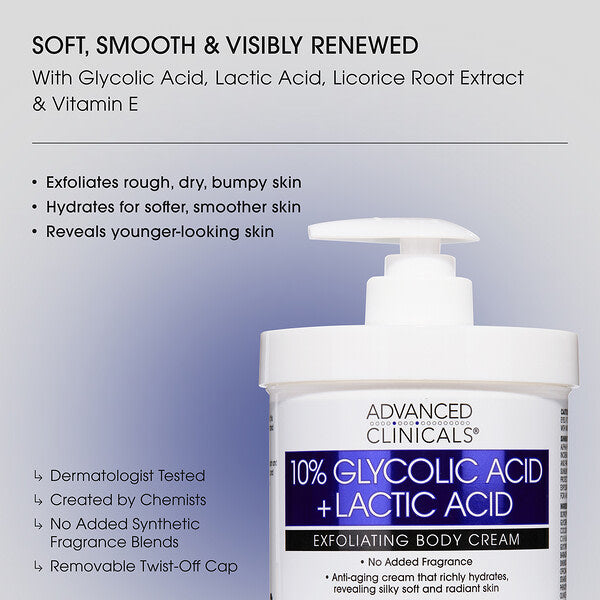 Advanced Clinicals 10 Qlikol Turşusu Laktik Turşusu Eksfoliant Bədən Kremi 454g
