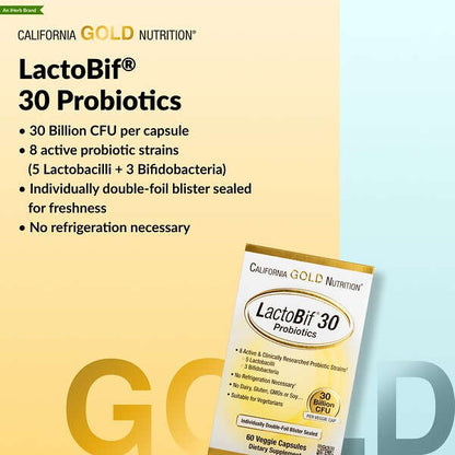 California Gold Nutrition Lactobif 30 Probiotiklər 30 Milyard CFU 60 Veqetarian Kapsul YoxYox