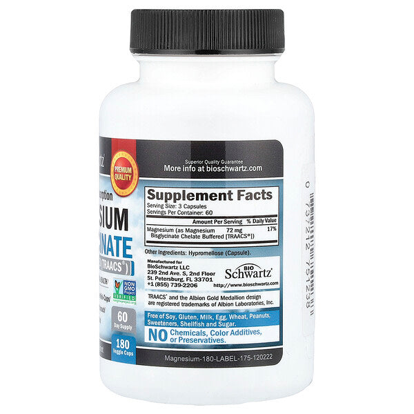 Bioschwartz Maximum Absorption Magnesium Bisglycinate 180 Bitki Kapsülü 24 Mg