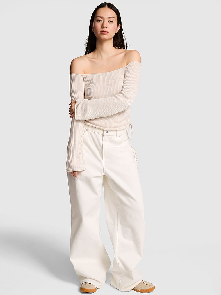 PINK Side-Ruched Oﬀ-The-Shoulder Sweater