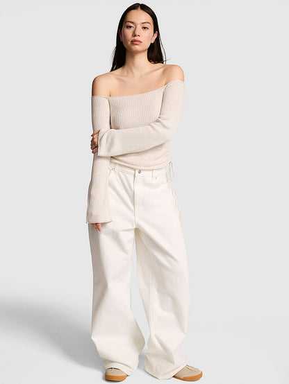 PINK Side-Ruched Oﬀ-The-Shoulder Sweater