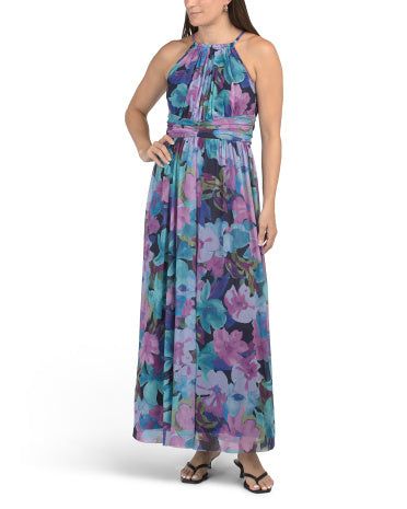 LONDON TIMES Ruched Waist Mesh Halter Neck Maxi Dress