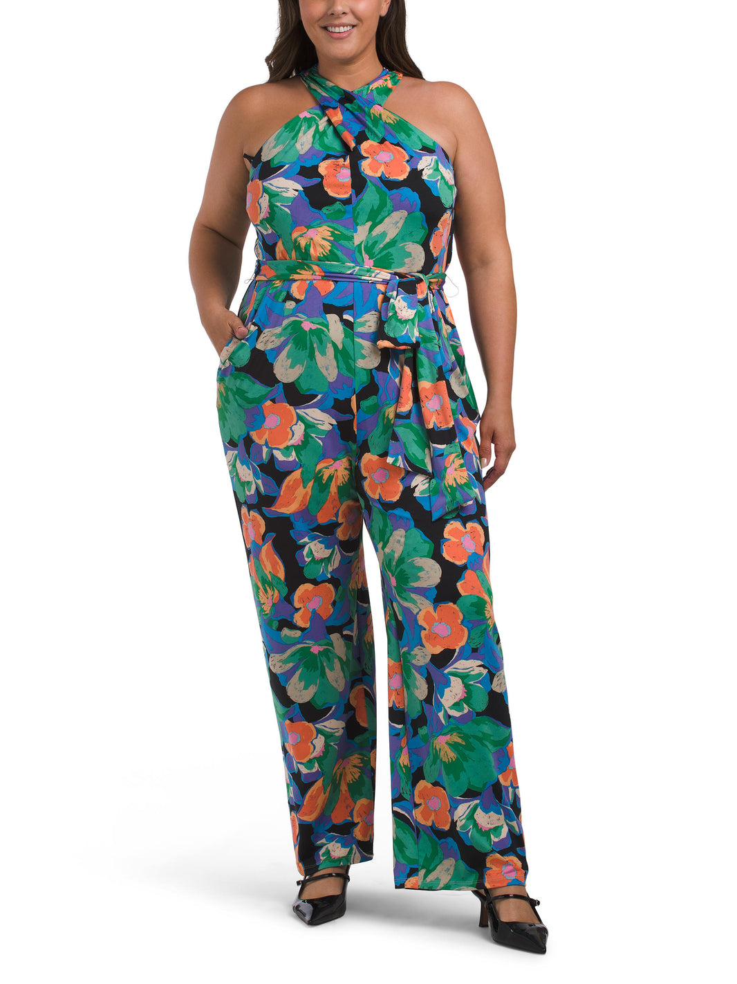 TAHARI ASL Plus Twist Neck Tie Waist Jumpsuit