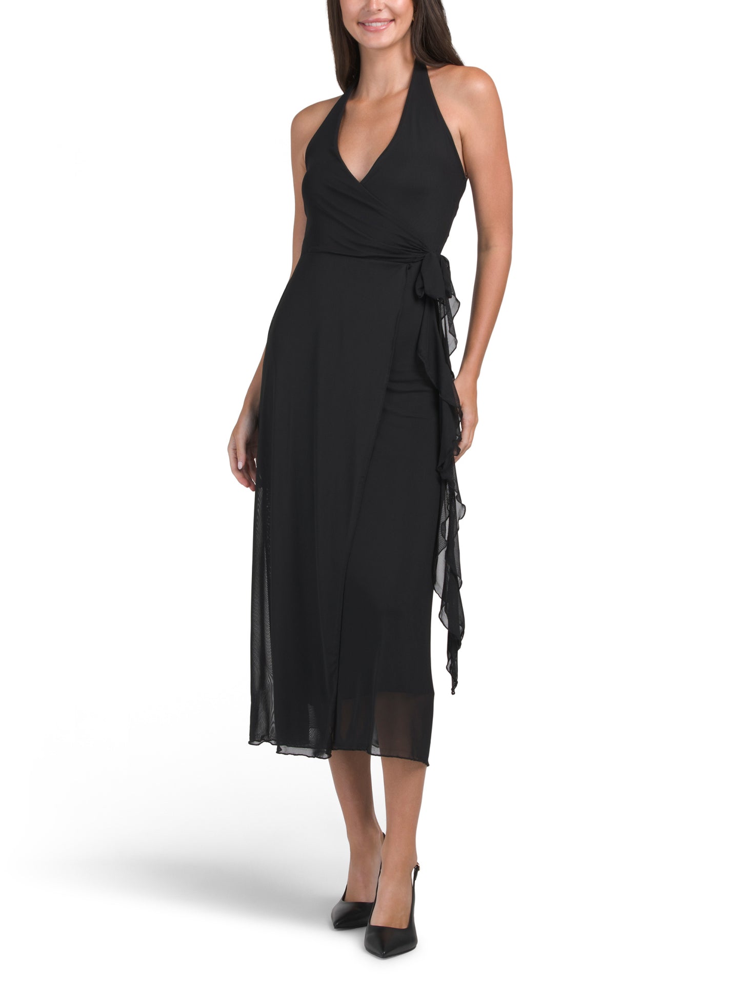 SEE YOU MONDAY Mesh Halter Ruffle Tie Maxi Dress