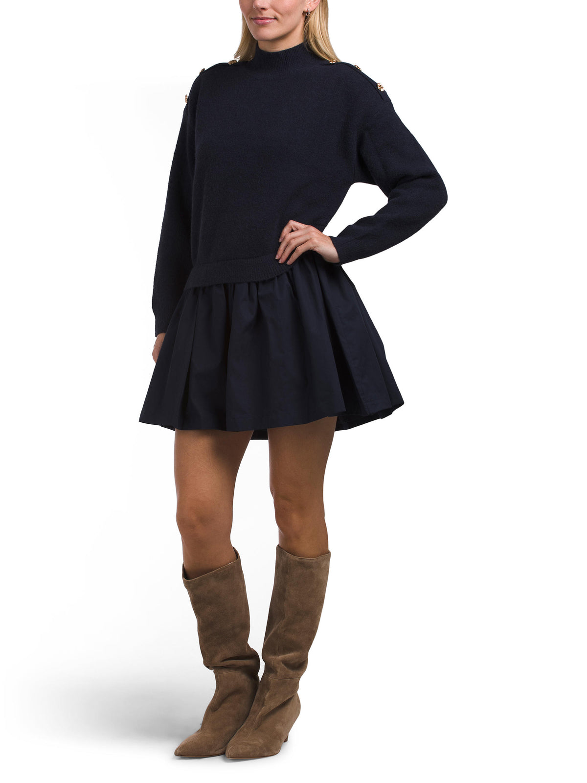 Düymə Detalı ilə Qarışıq Toxuculuq Mini Sweater Geyim