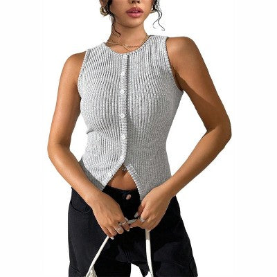 Coolmee Qadın Krop Bluzka Yay Bahar Ribli Atlet Seksi Düymələr T-Shirt Moda L Boz