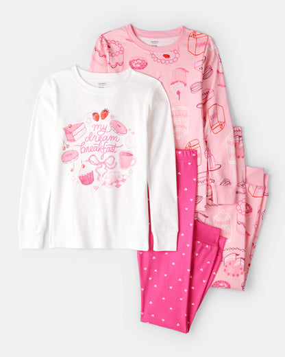 Carter's Qız Tatlılar 100% Pamuk Dar Oturan 4 Parçalı Pijama - Çəhrayı/Ağ
