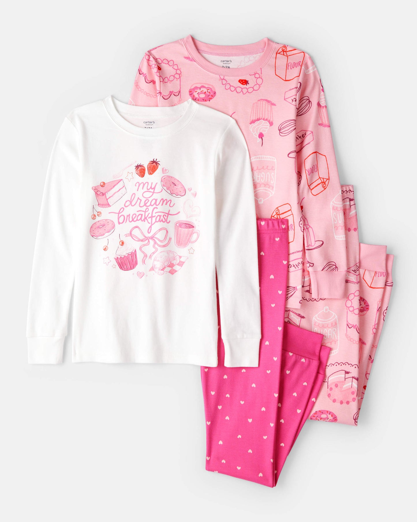 Carter's Qız Uşaq 100% Pamuk Rahat Oturuş 4-Parçalı Pijama - Çəhrayı/Ağ